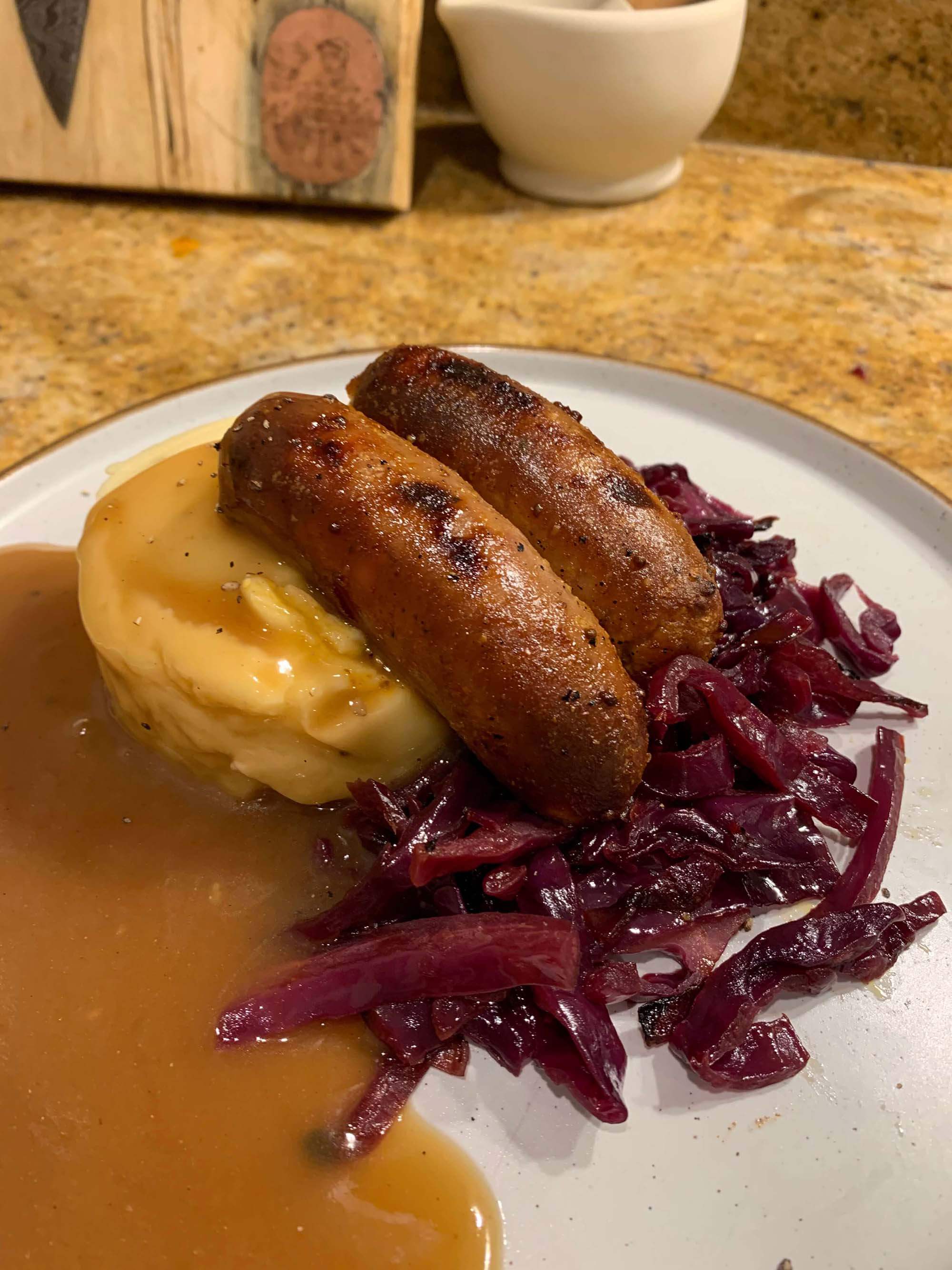 What Willy NonStressipes SMOKY BANGERS, MASH & RED CABBAGE WITH